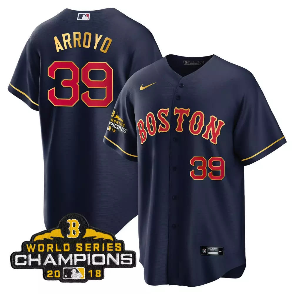 christian arroyo cool navy men boston red sox world series champion 2018 gold jersey all stitched