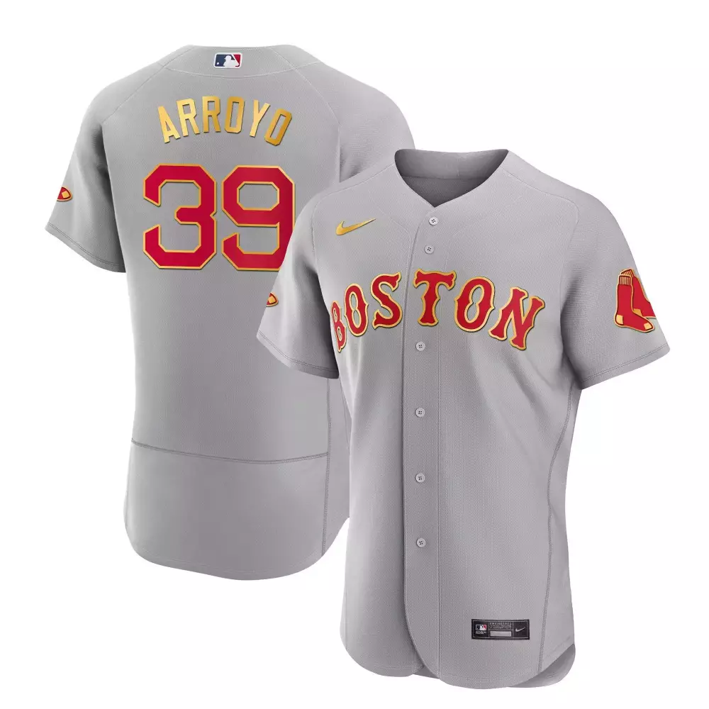 christian arroyo flex gray mens boston red sox gold trim jersey all stitched