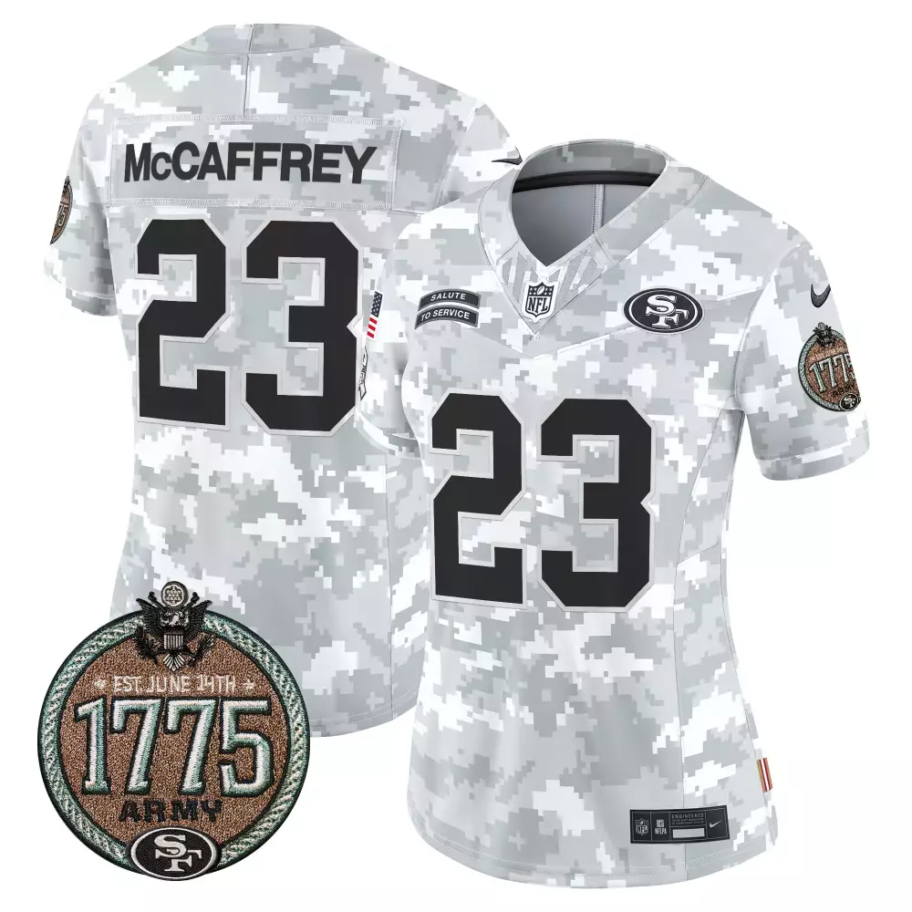 Christian McCaffrey 49ers Women's Army Jersey | 2024 Salute to Service Patch | Vapor Limited Edition Fan Gear | For Men, Women & Youth
