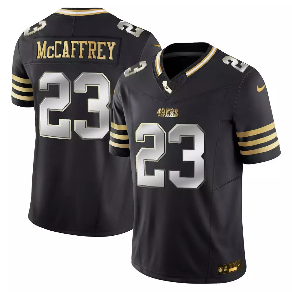 christian mccaffrey black limited mens san francisco 49ers 2024 gold vapor jersey all stitched