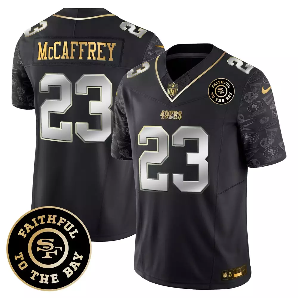 christian mccaffrey black limited mens san francisco 49ers 2024 gold vapor jersey all stitched