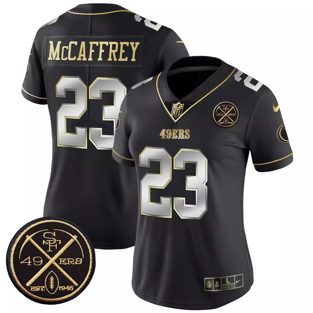 christian mccaffrey black limited mens san francisco 49ers 2024 gold vapor jersey all stitched