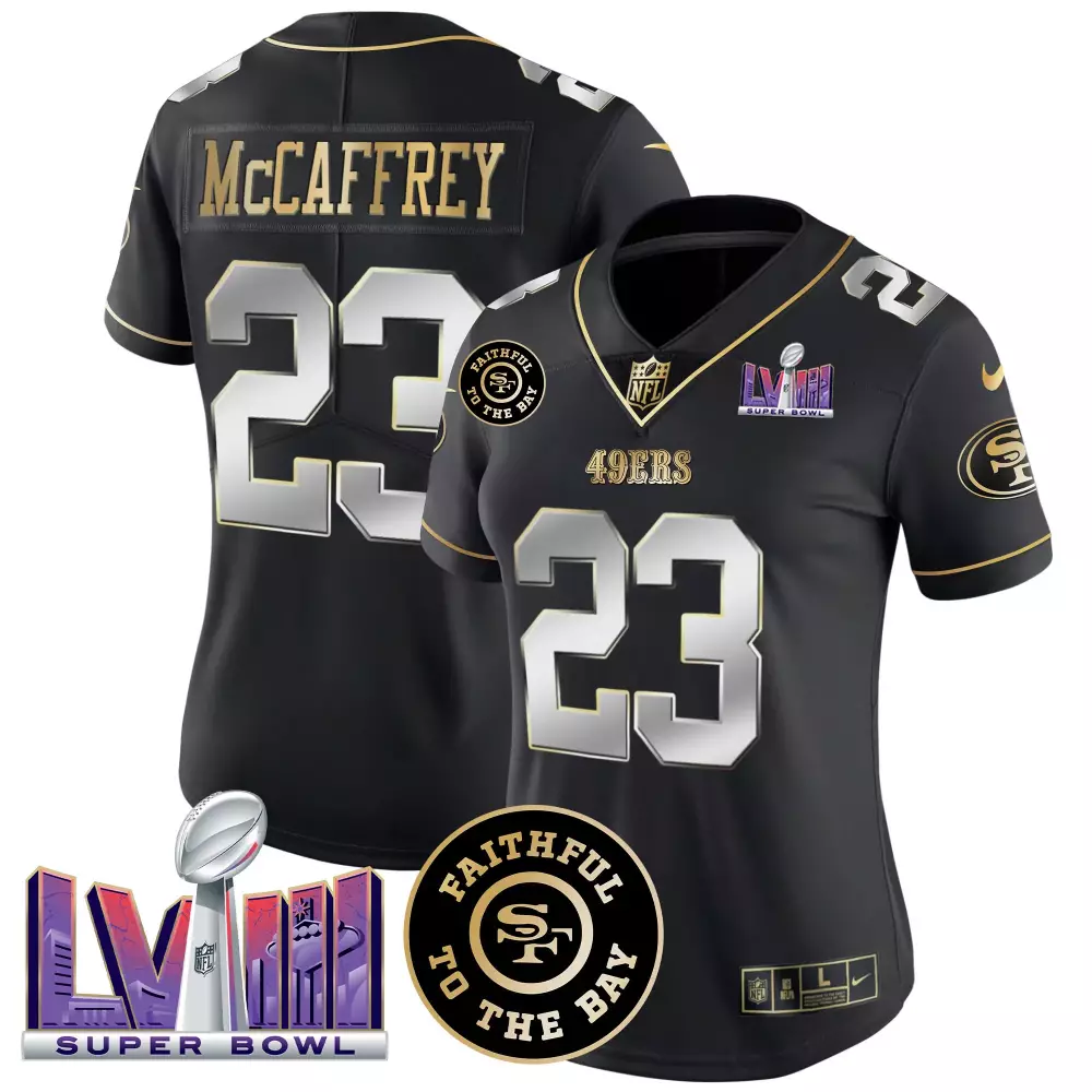 christian mccaffrey black limited mens san francisco 49ers 2024 gold vapor jersey all stitched