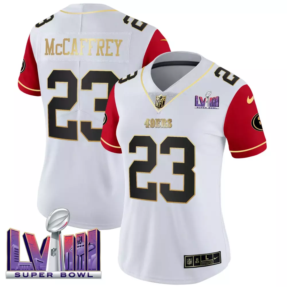 christian mccaffrey color sleeves womens san francisco 49ers super bowl lviii patch vapor jersey v2 all stitched