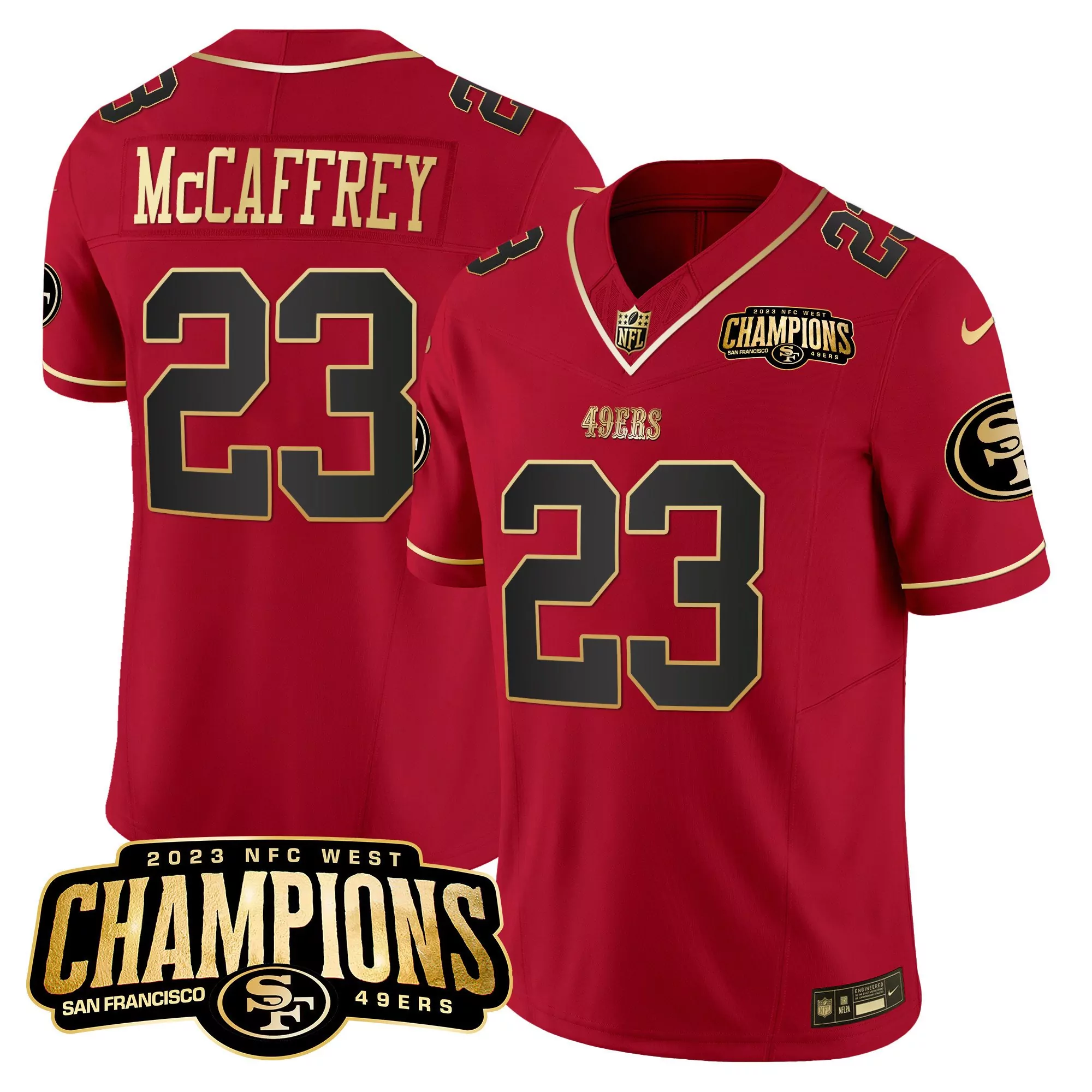 christian mccaffrey scarlet limited mens 49ers 2023 nfc west champions patch vapor jersey v2 all stitched