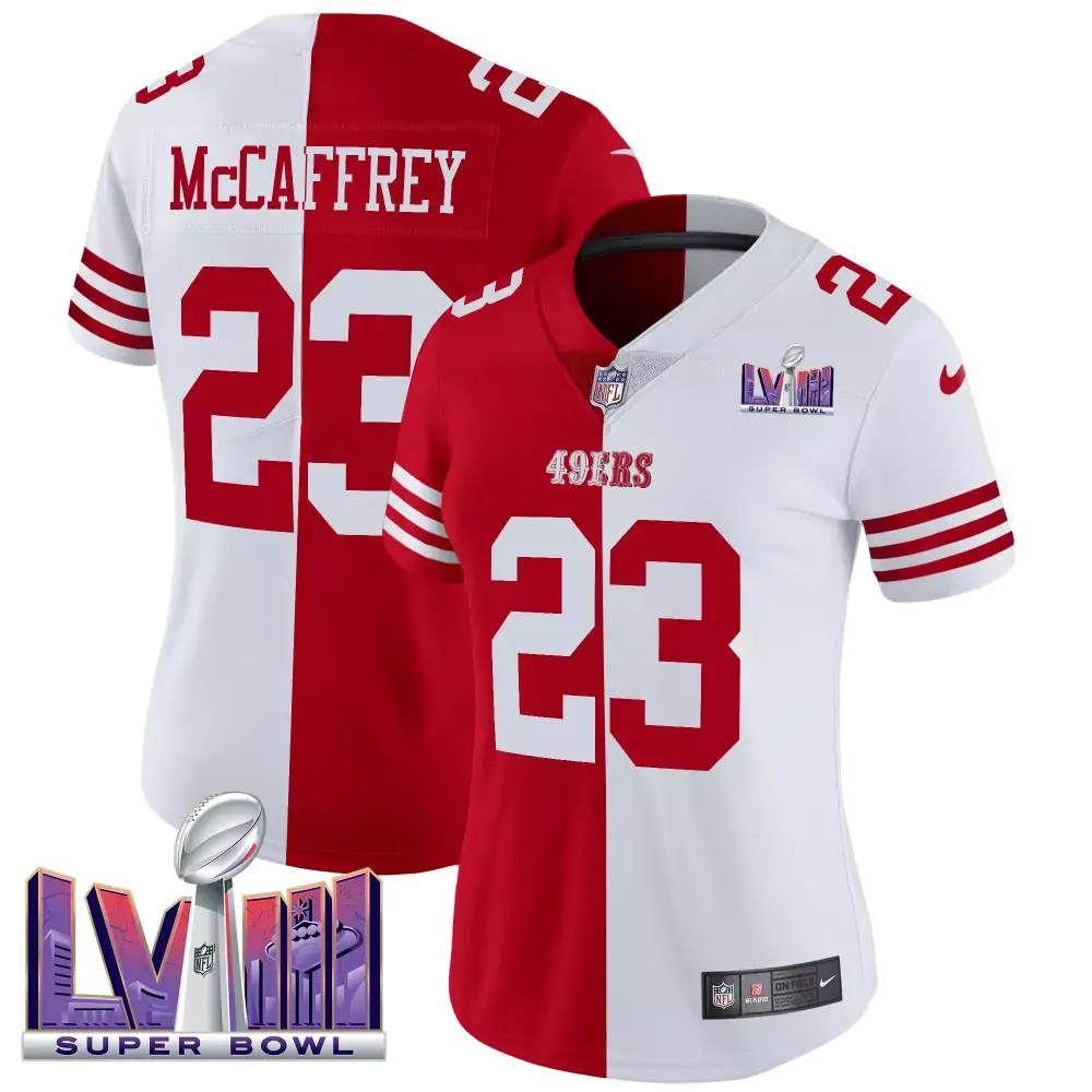 Christian McCaffrey Split Women's 49ers Vapor Jersey | Super Bowl LVIII Patch | Limited Edition Fan Gear | For Men, Women & Youth