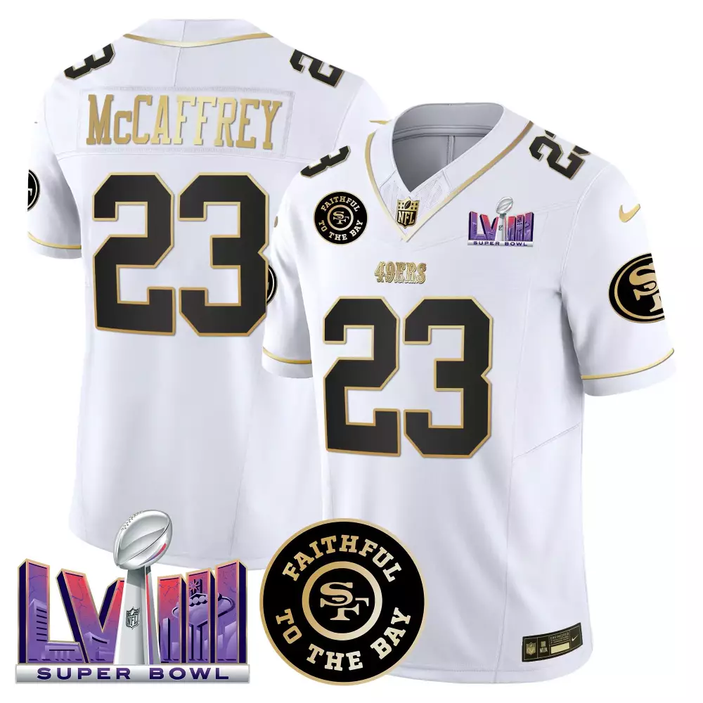 christian mccaffrey white gold mens san francisco 49ers faithful super bowl lviii patch vapor jersey v2 all stitched