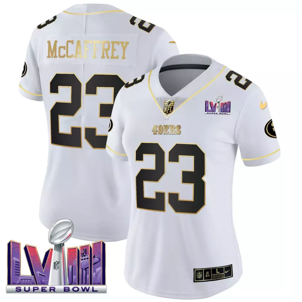 christian mccaffrey white gold mens san francisco 49ers faithful super bowl lviii patch vapor jersey v2 all stitched