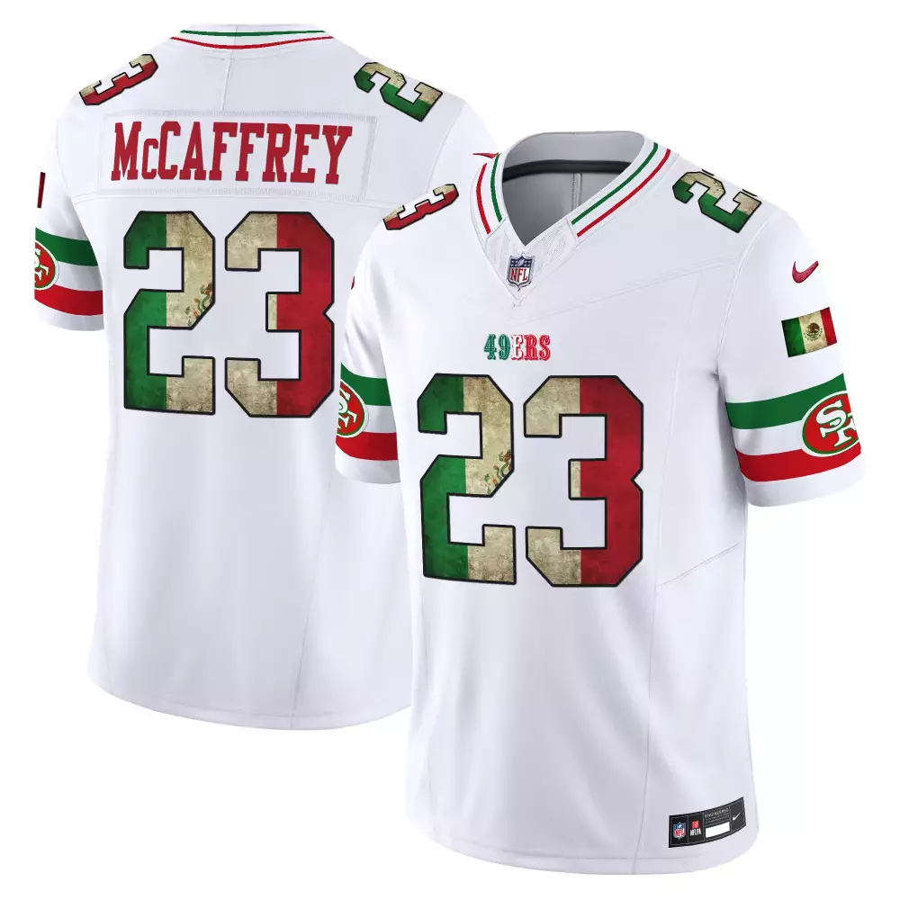 christian mccaffrey white gold mens san francisco 49ers faithful super bowl lviii patch vapor jersey v2 all stitched