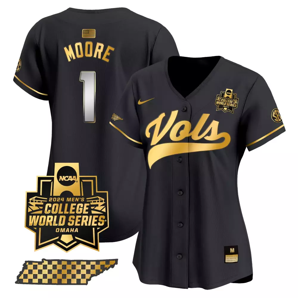 Christian Moore Tennessee Volunteers 2024 College World Series Vapor Premier Limited Jersey V2 | Black Gold Stitched Style | For Men, Women & Youth