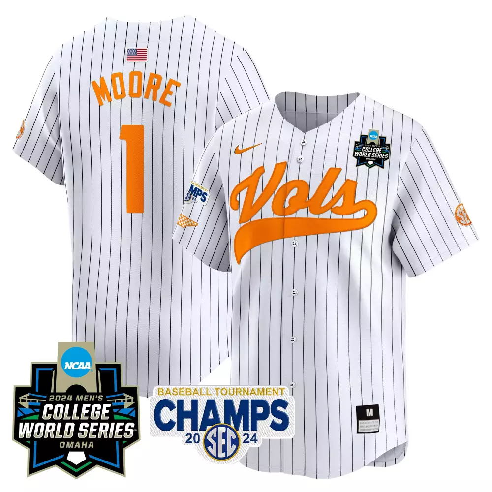 Christian Moore Pinstripe Men's Tennessee Volunteers 2024 Tournament Champs World Series Vapor Premier Limited Jersey | All Stitched | Gift Idea for Men, Women & Youth