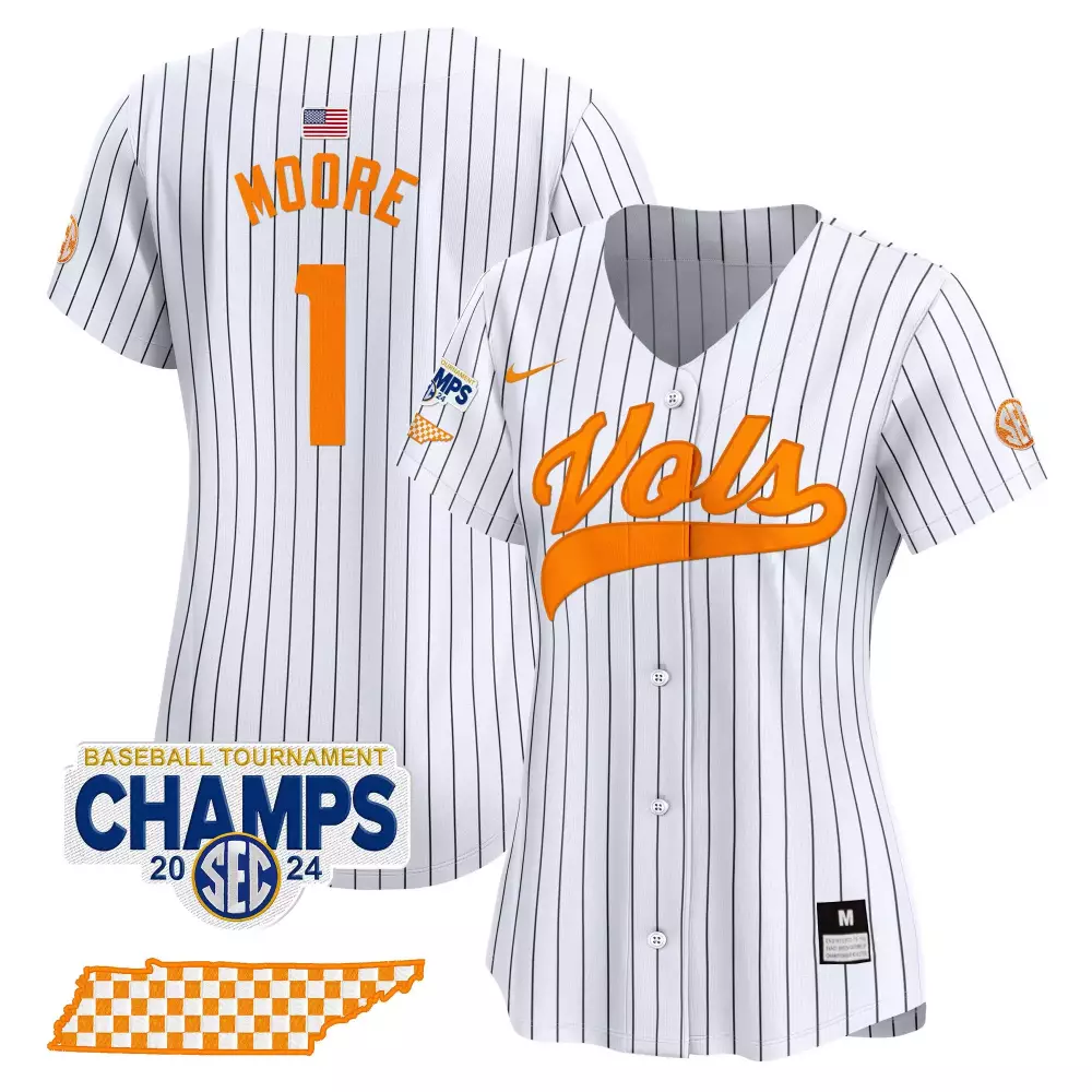 Christian Moore Pinstripe Men's Tennessee Volunteers 2024 Tournament Champs World Series Vapor Premier Limited Jersey | All Stitched | Gift Idea for Men, Women & Youth
