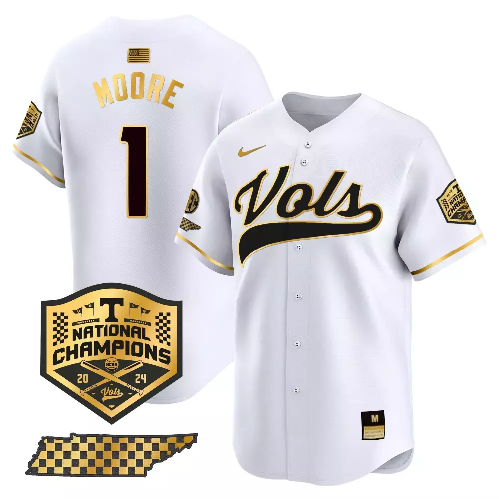 Christian Moore Tennessee Volunteers 2024 College World Series Vapor Premier Limited Jersey V2 | Black Gold Stitched Style | For Men, Women & Youth