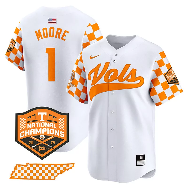 Christian Moore White Men's Tennessee Volunteers 2024 Tournament Champs World Series Vapor Premier Limited Jersey | All Stitched | Fan Gear for Men, Women & Youth