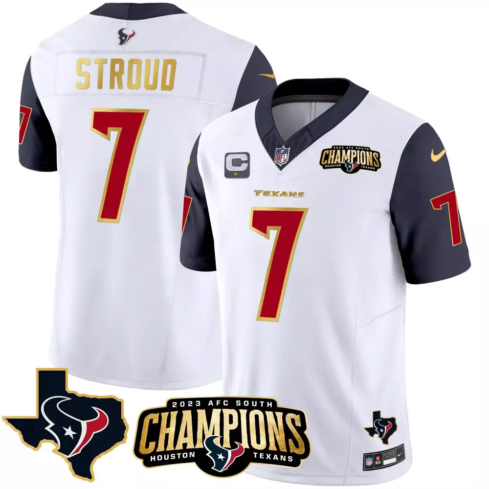 cj stroud navy sleeves mens houston texans 2023 afc south champions patch gold trim vapor jersey all stitched