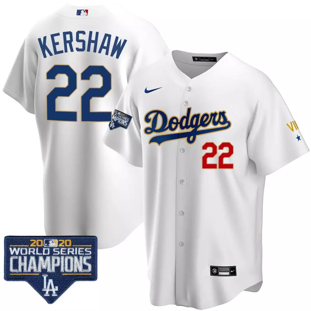 clayton kershaw cool royal mens los angeles dodgers world series vin sculy patch gold jersey all stitched