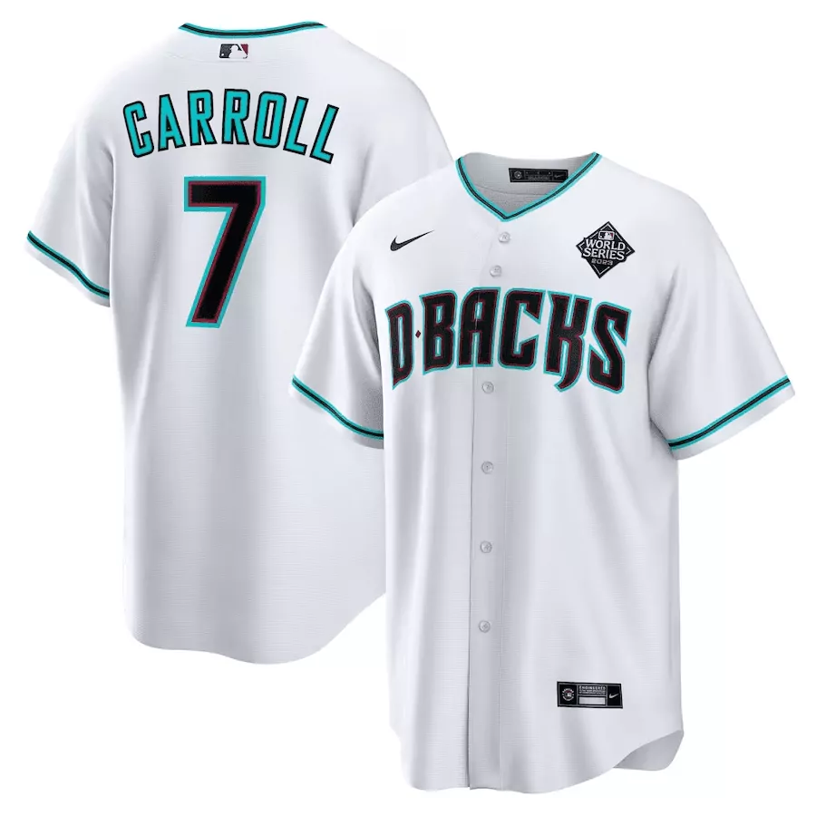 cool base men corbin carroll arizona diamondbacks 2023 world series patch jersey white all stitched