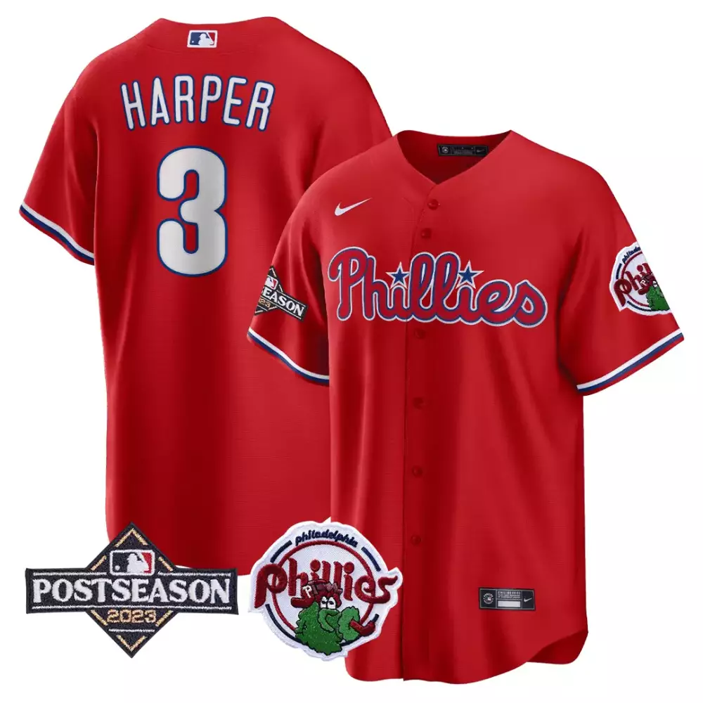 cool red men bryce harper philadelphia phillies 2023 postseason patch jersey all stitched