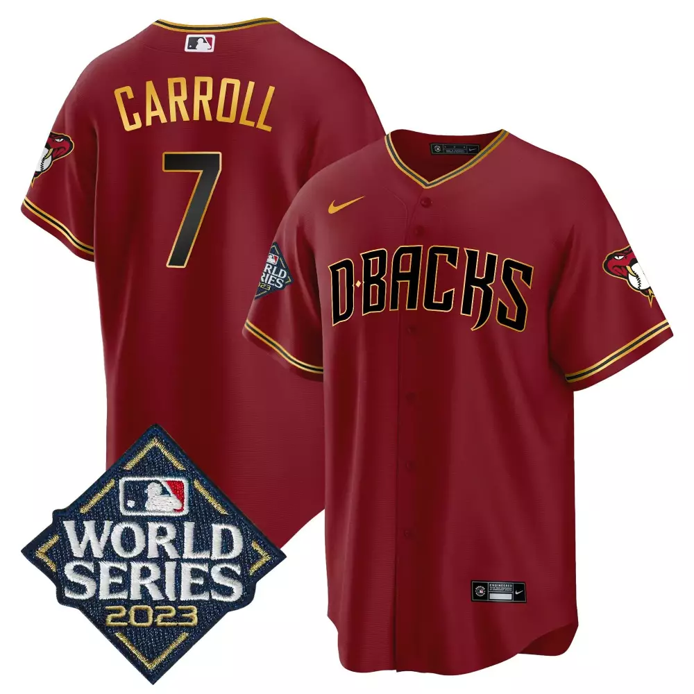 corbin carroll crimson gold mens arizona diamondbacks 2023 world series cool base gold jersey all stitched
