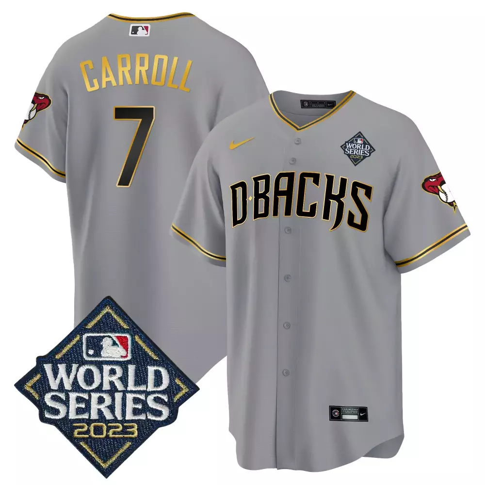 corbin carroll gray gold mens arizona diamondbacks 2023 world series cool base gold jersey v2 all stitched