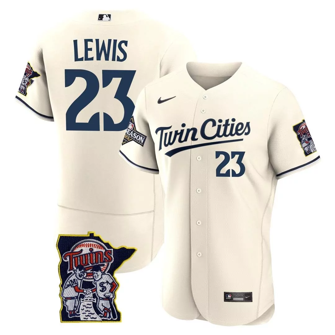cream royce lewis mens minnesota twins flex base postseason patch jersey all stitched