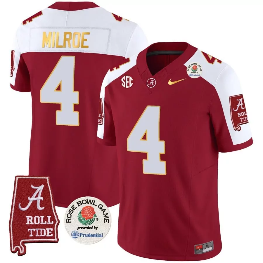 crimson alternate jalen milroe mens alabama crimson tide rose bowl patch gold trim vapor limited jersey all stitched