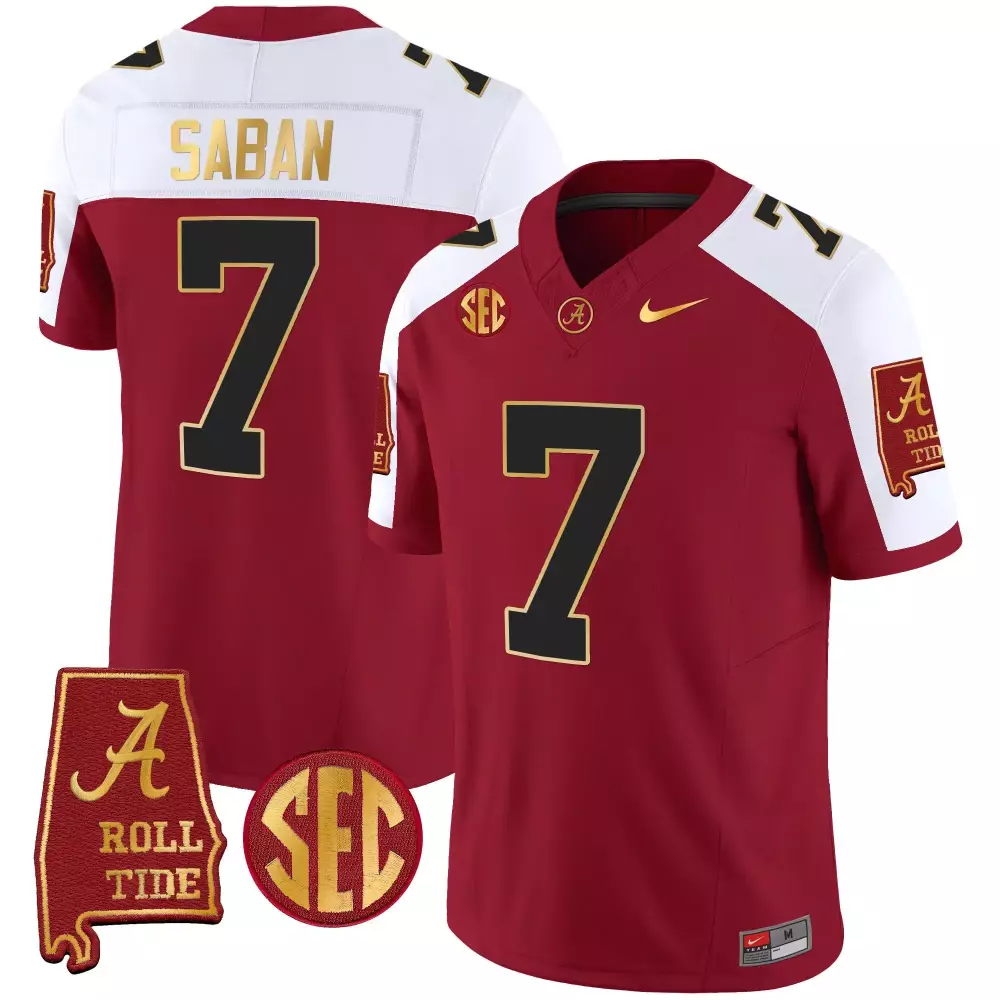 crimson alternate men nick saban alabama crimson tide 7 champions gold trim vapor jersey all stitched