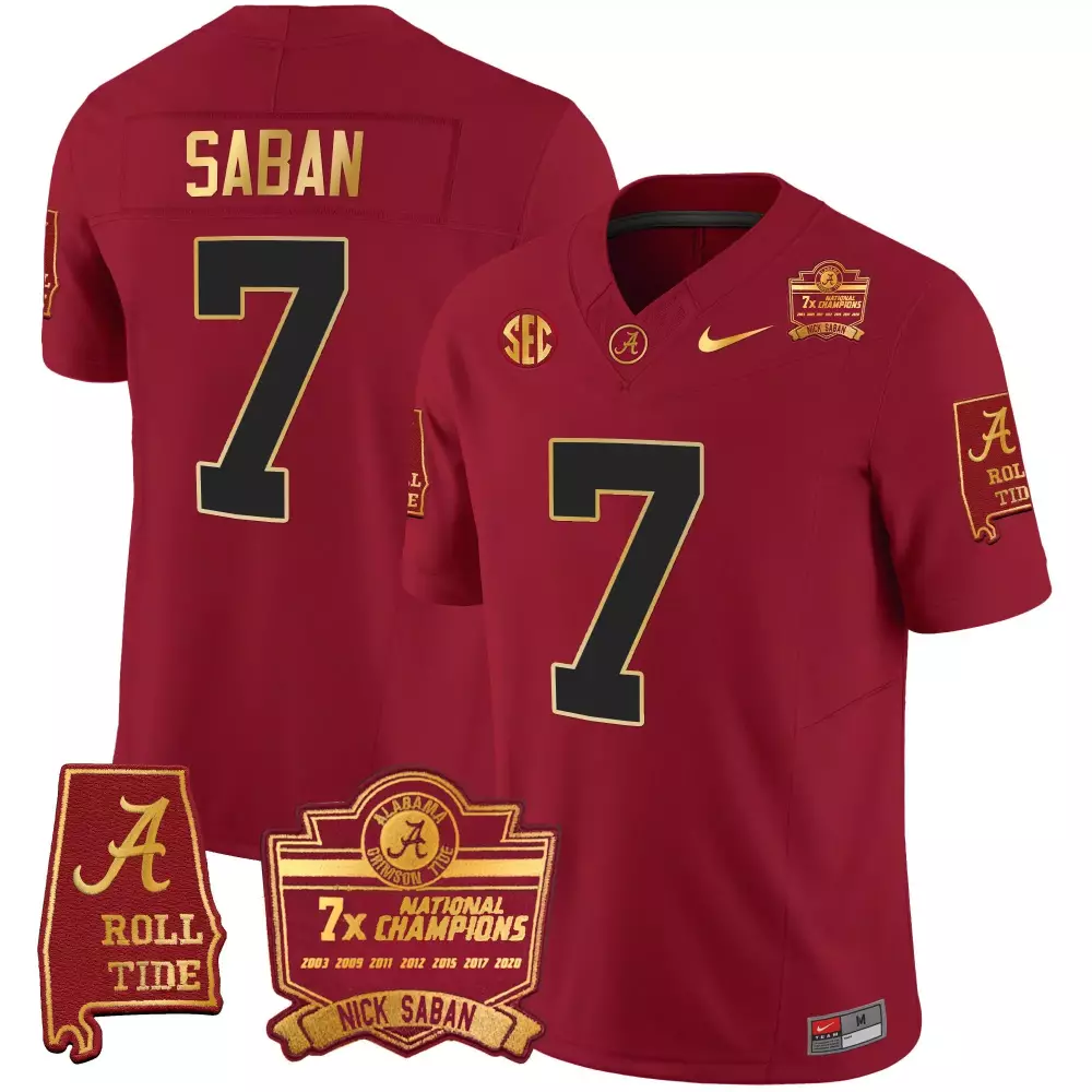 crimson youth 7 nick saban alabama crimson tide 7x champions patch gold trim jersey all stitched