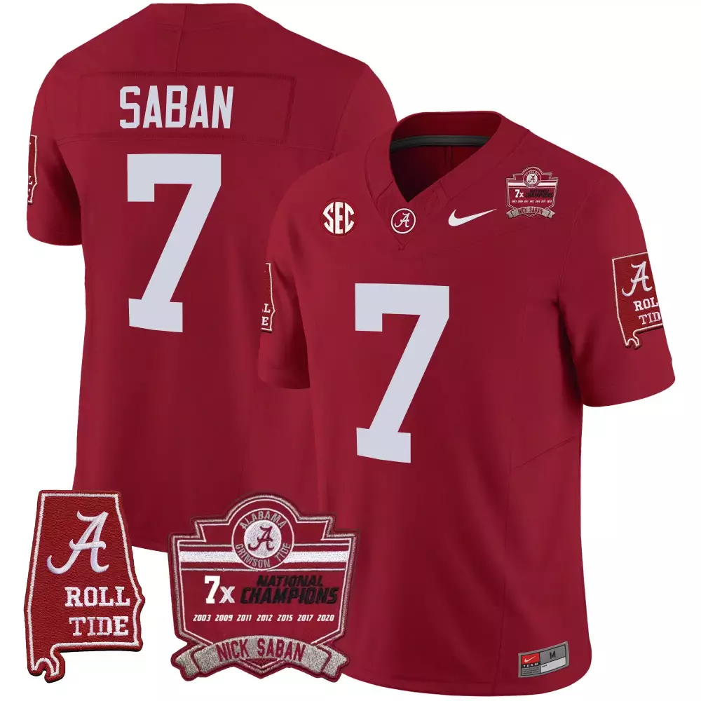 crimson youth 7 nick saban alabama crimson tide 7x champions patch gold trim jersey all stitched