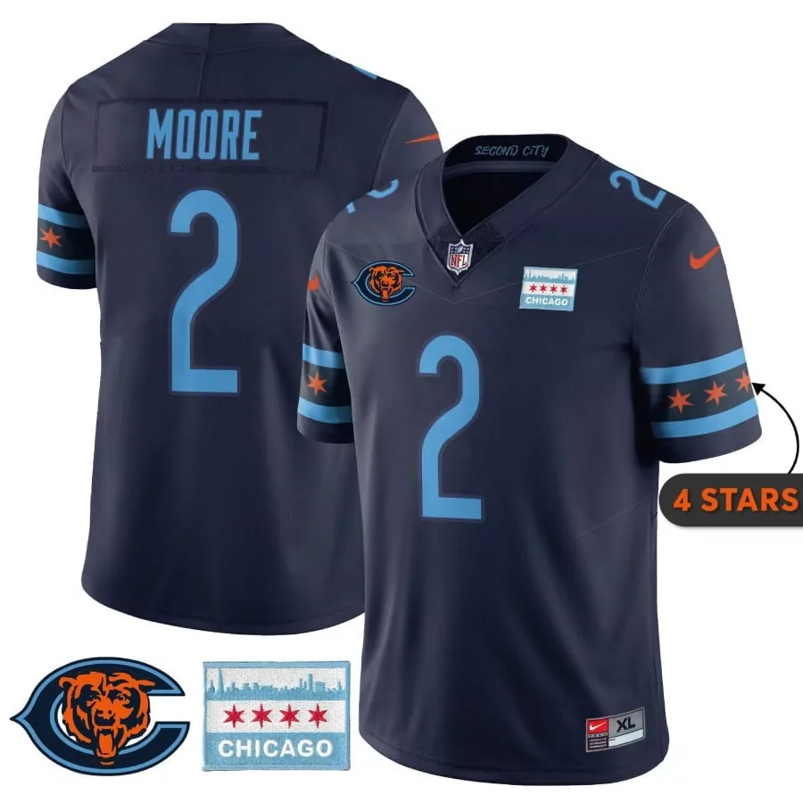 D J Moore White Men's Chicago Bears City Edition GSH Jersey | Chicago Flag All Stitched | Fan Gear for Men, Women & Youth
