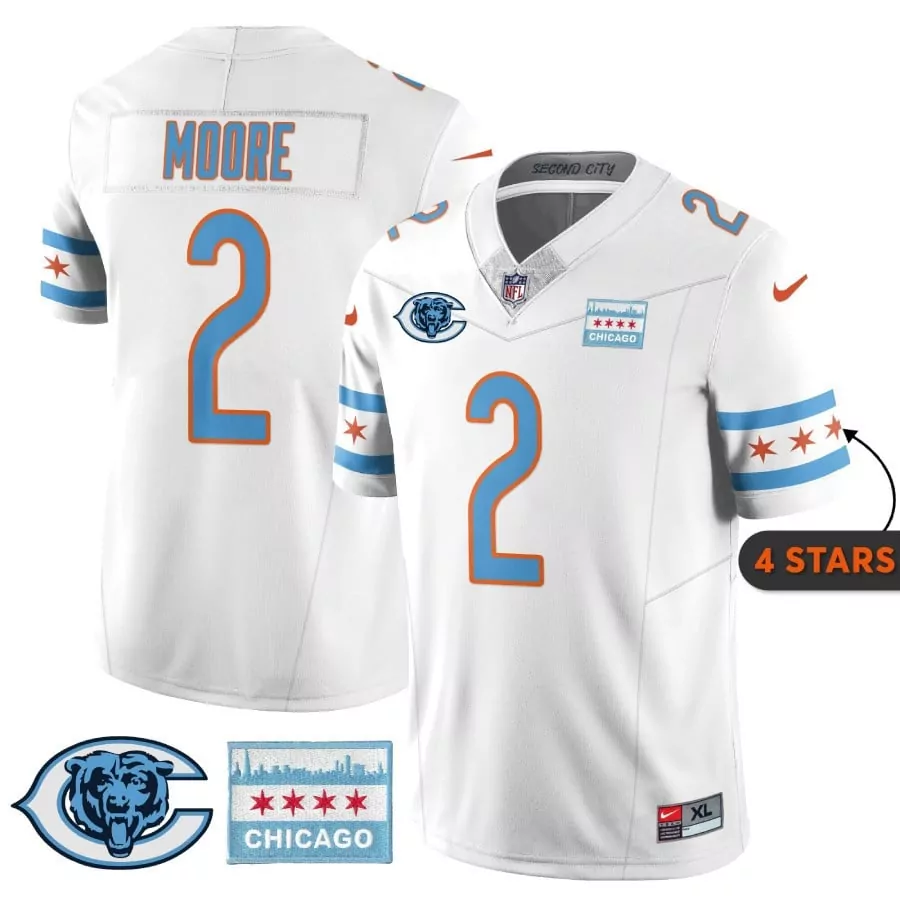 D.J. Moore Chicago Bears White Men's City Edition Jersey | Chicago Flag Design | All Stitched | For Men, Women & Youth