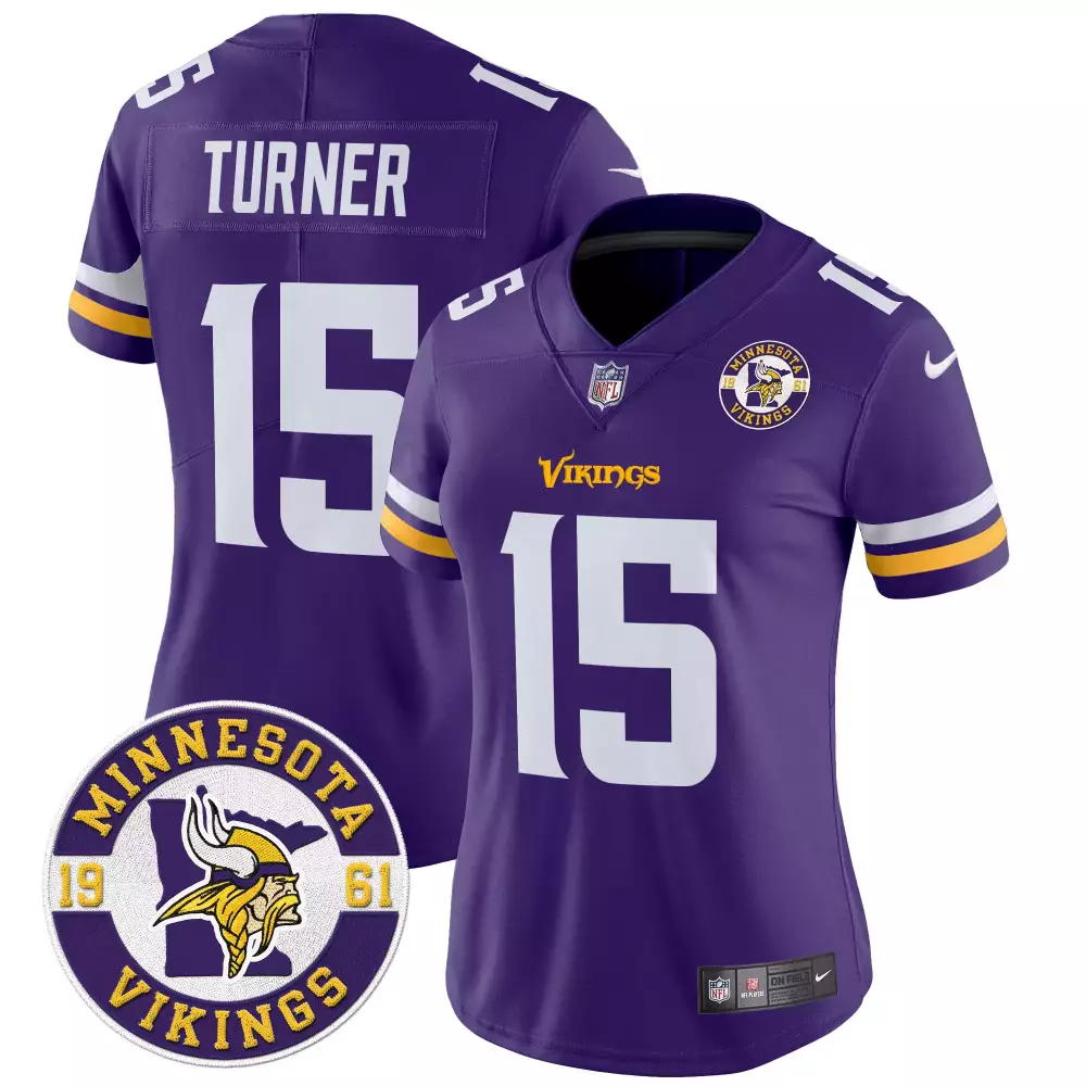 dallas turner purple womens minnesota vikings 2024 vapor limited jersey v2 est 1961 patch all stitched