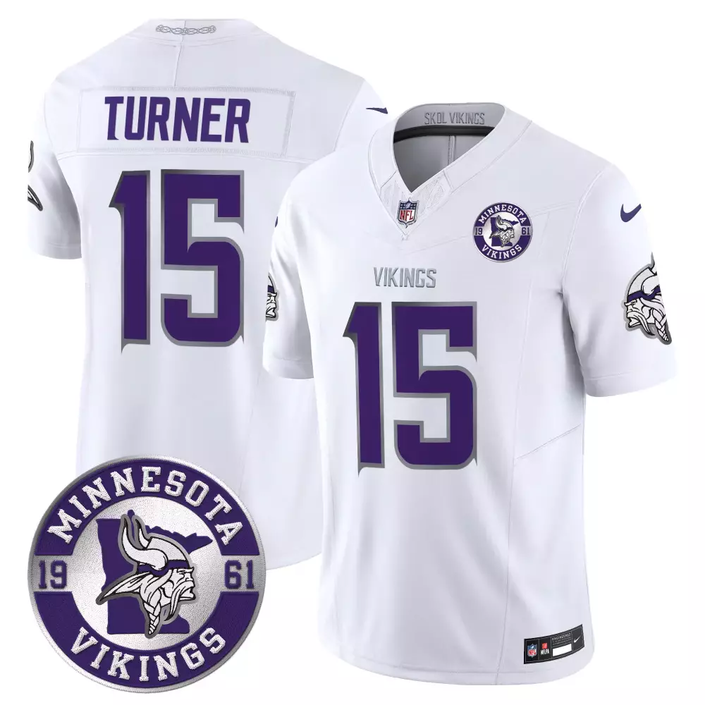 dallas turner white limited mens minnesota vikings 2024 vapor limited jersey est 1961 patch all stitched