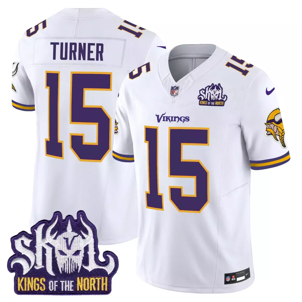 dallas turner white mens minnesota vikings king of the north patch game jersey all stitched