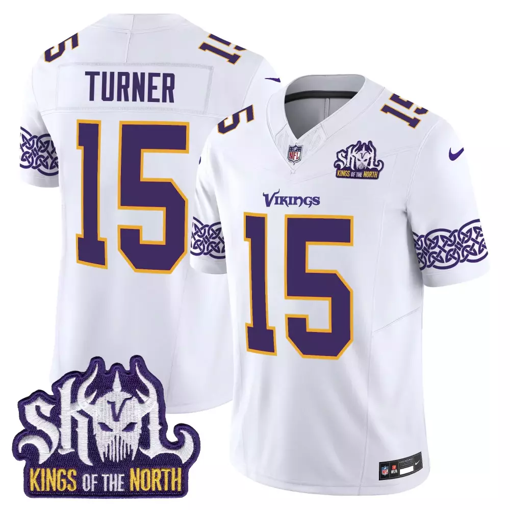 dallas turner white mens minnesota vikings king of the north patch game jersey all stitched