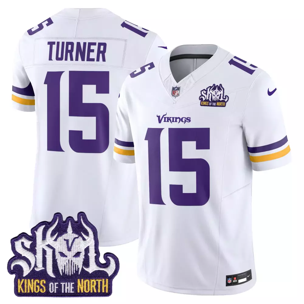 dallas turner white mens minnesota vikings king of the north patch game jersey all stitched