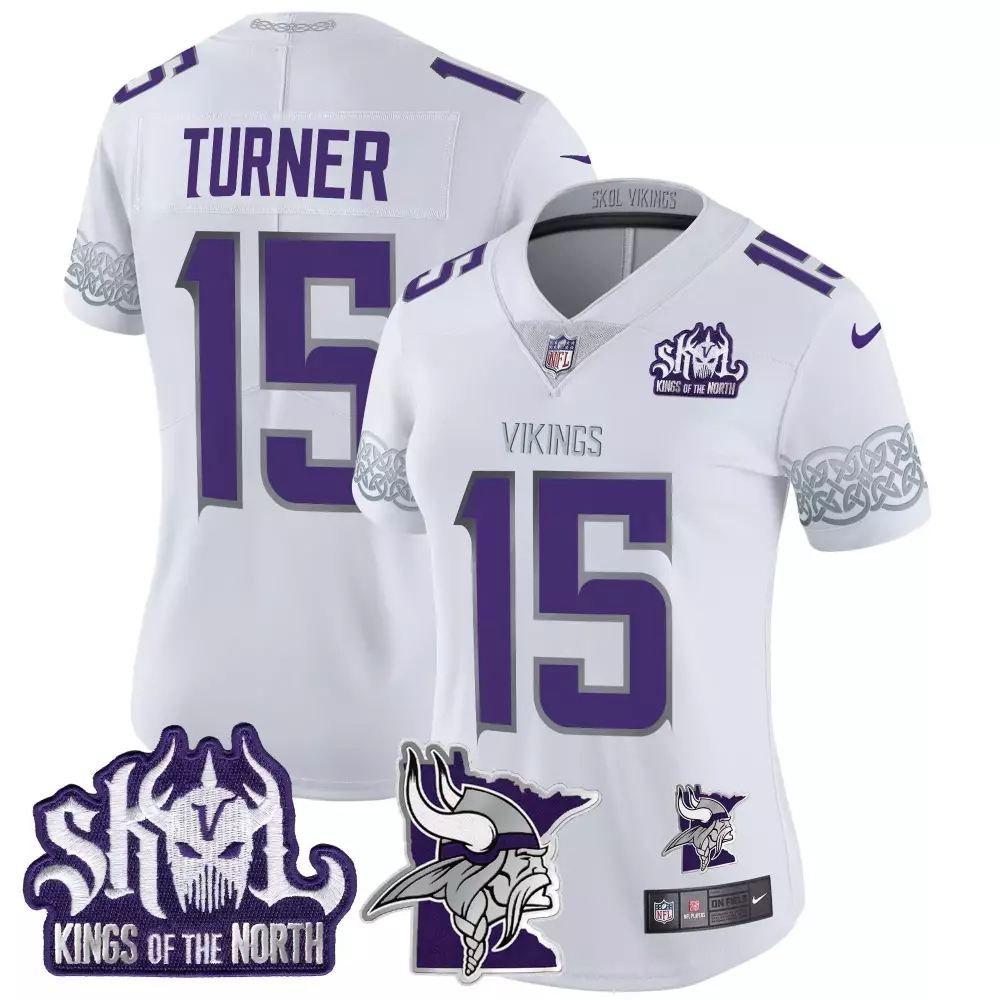 Dallas Turner 2024 Vikings White Women's Winter Warrior Skol Patch Vapor Jersey V2 | Limited Edition Stitched | For Men, Women & Youth
