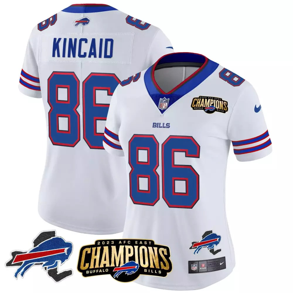 dalton kincaid white womens buffalo bills 2023 afc east champions patch gold vapor jersey v2 all stitched