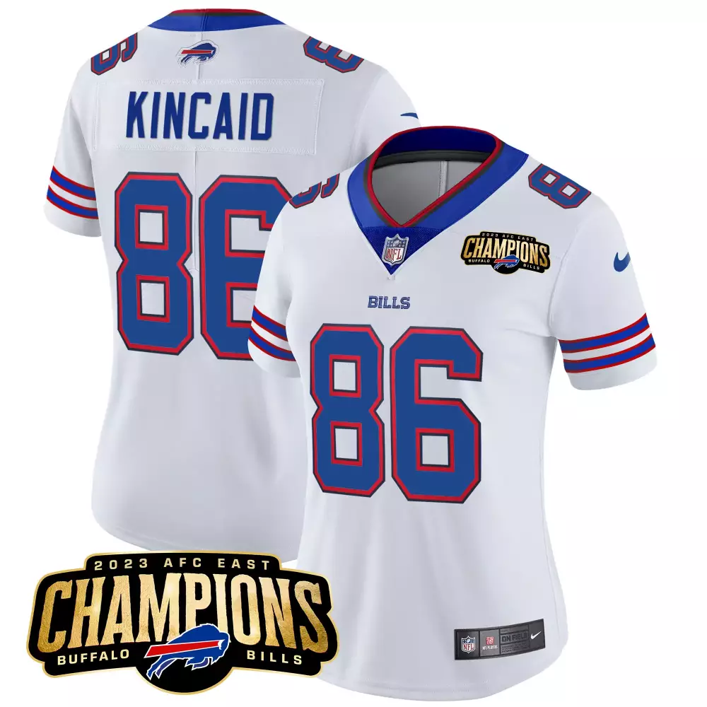 dalton kincaid white womens buffalo bills 2023 afc east champions patch gold vapor jersey v2 all stitched