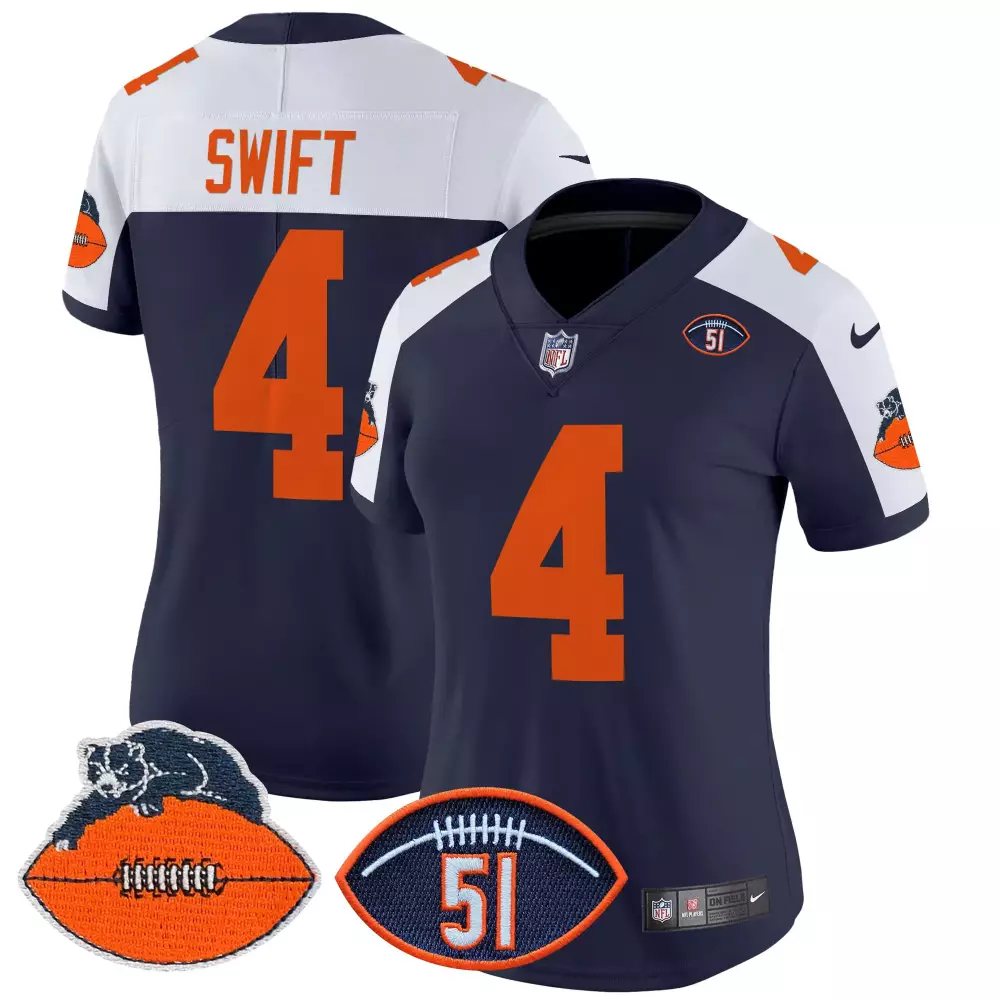 Dandre Swift Chicago Bears White Women's Jersey | Dick Butkus Patch Throwback | Limited Edition Vapor Fan Gear | For Men, Women & Youth