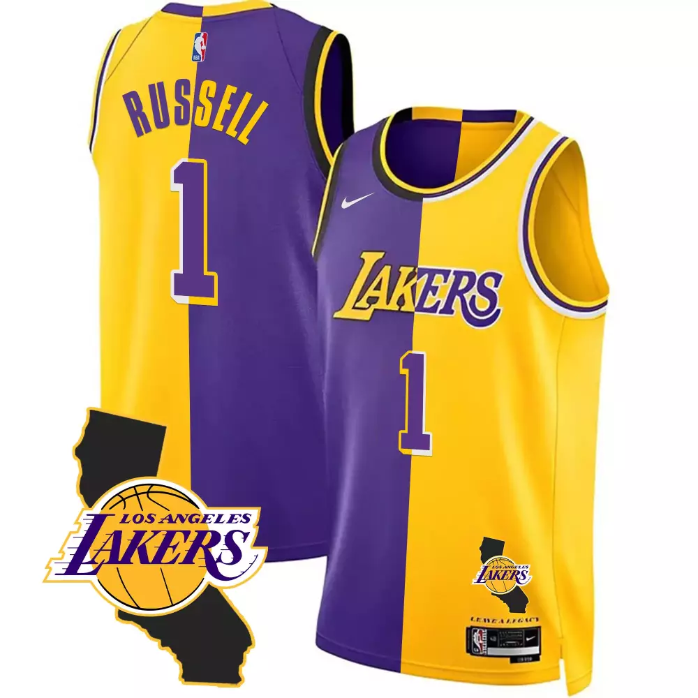 dangelo russell split mens los angeles lakers california patch jersey all stitched