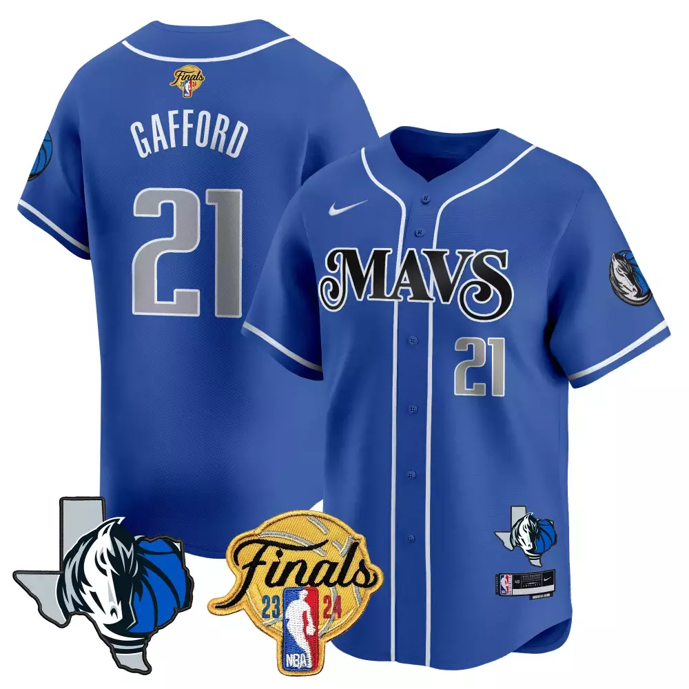 daniel gafford blue mens dallas mavericks 2024 finals texas patch baseball jersey all stitched