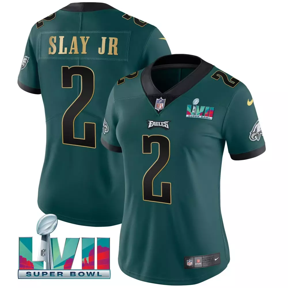 darius slay jr midnight green gold trim womens philadelphia eagles super bowl lvii gold trim jersey all stitched
