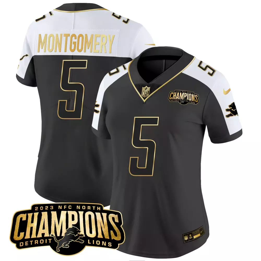 David Montgomery Alternate Women's Detroit Lions 2023 NFC North Champions Patch Gold Vapor Jersey | All Stitched | For Women | For Men, Women & Youth