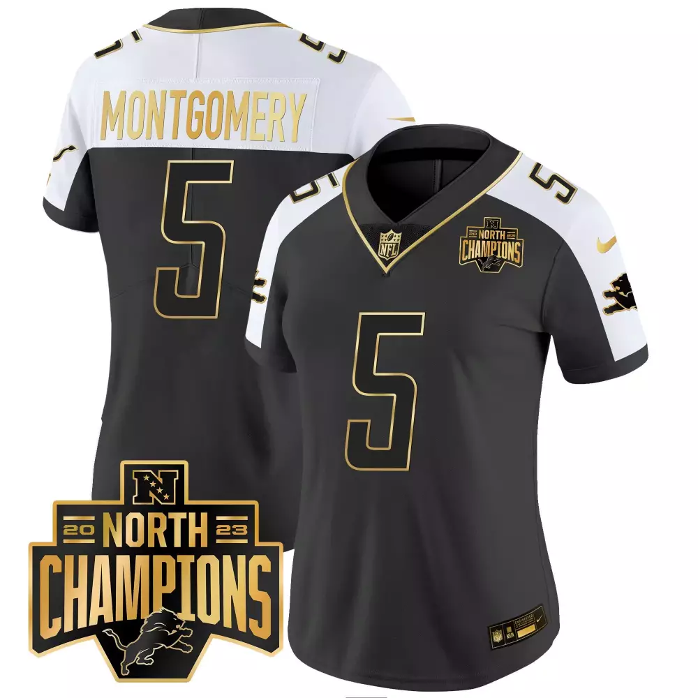 David Montgomery Alternate Women's Detroit Lions 2023 NFC North Champions Patch Gold Vapor Jersey | All Stitched | For Women | For Men, Women & Youth