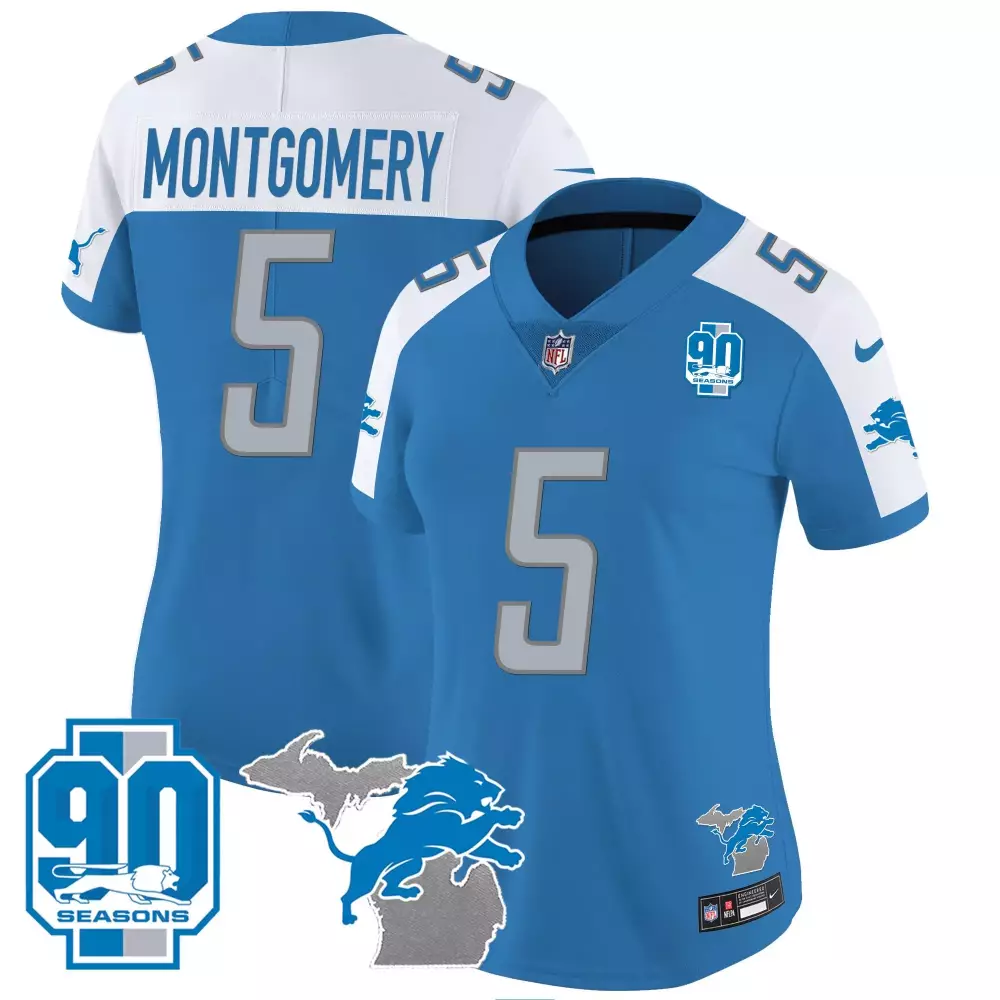 David Montgomery Detroit Lions 90th Year Michigan Patch Vapor Jersey | Blue Alternate | For Women | All Stitched