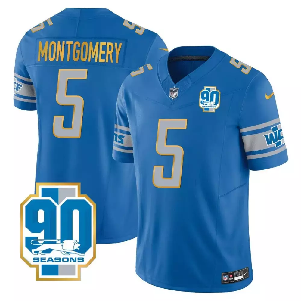 David Montgomery Lions 90th Year Patch Baseball Jersey | Blue Stitched Fan Gear | For Men, Women & Youth