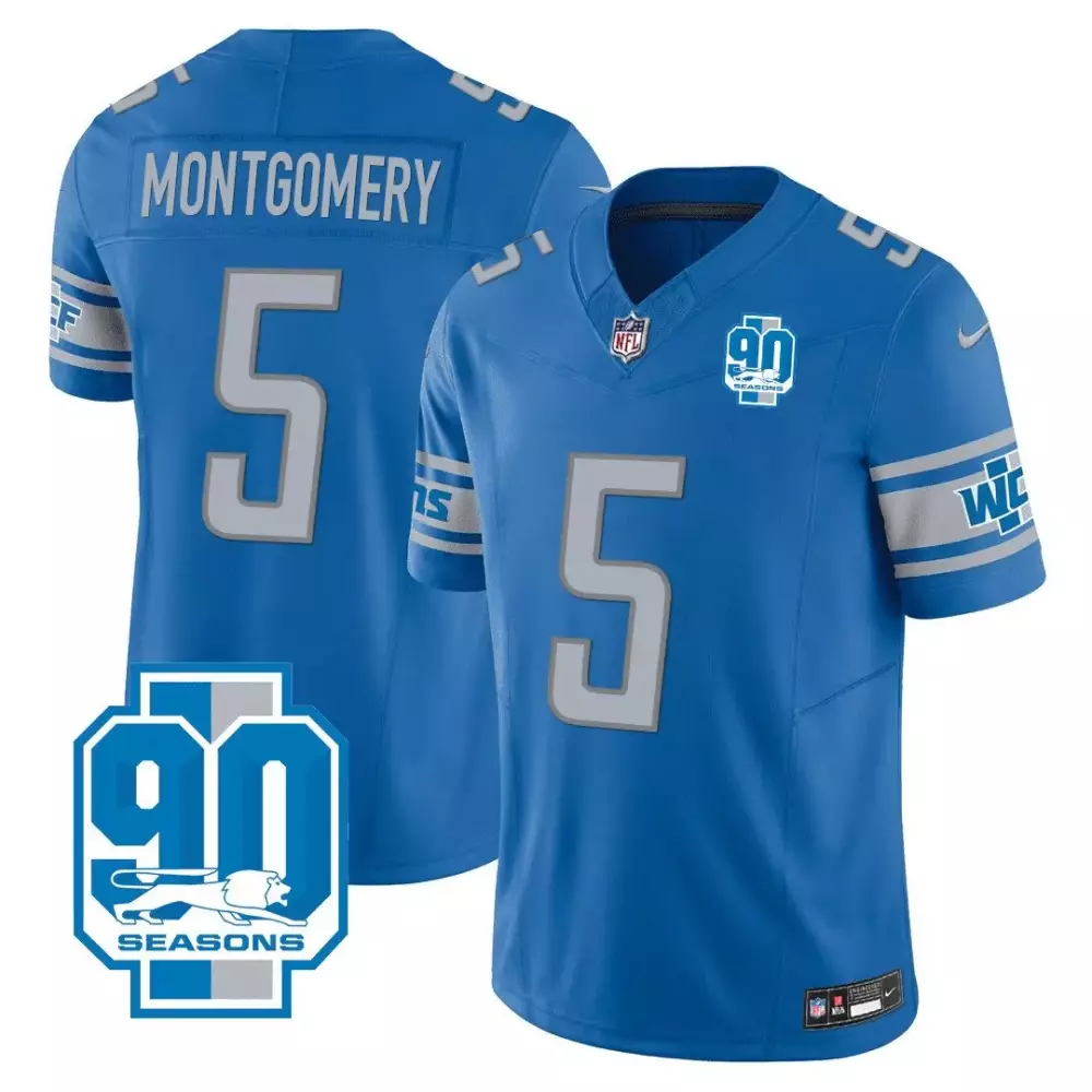 David Montgomery Lions 90th Year Patch Baseball Jersey | Blue Stitched Fan Gear | For Men, Women & Youth