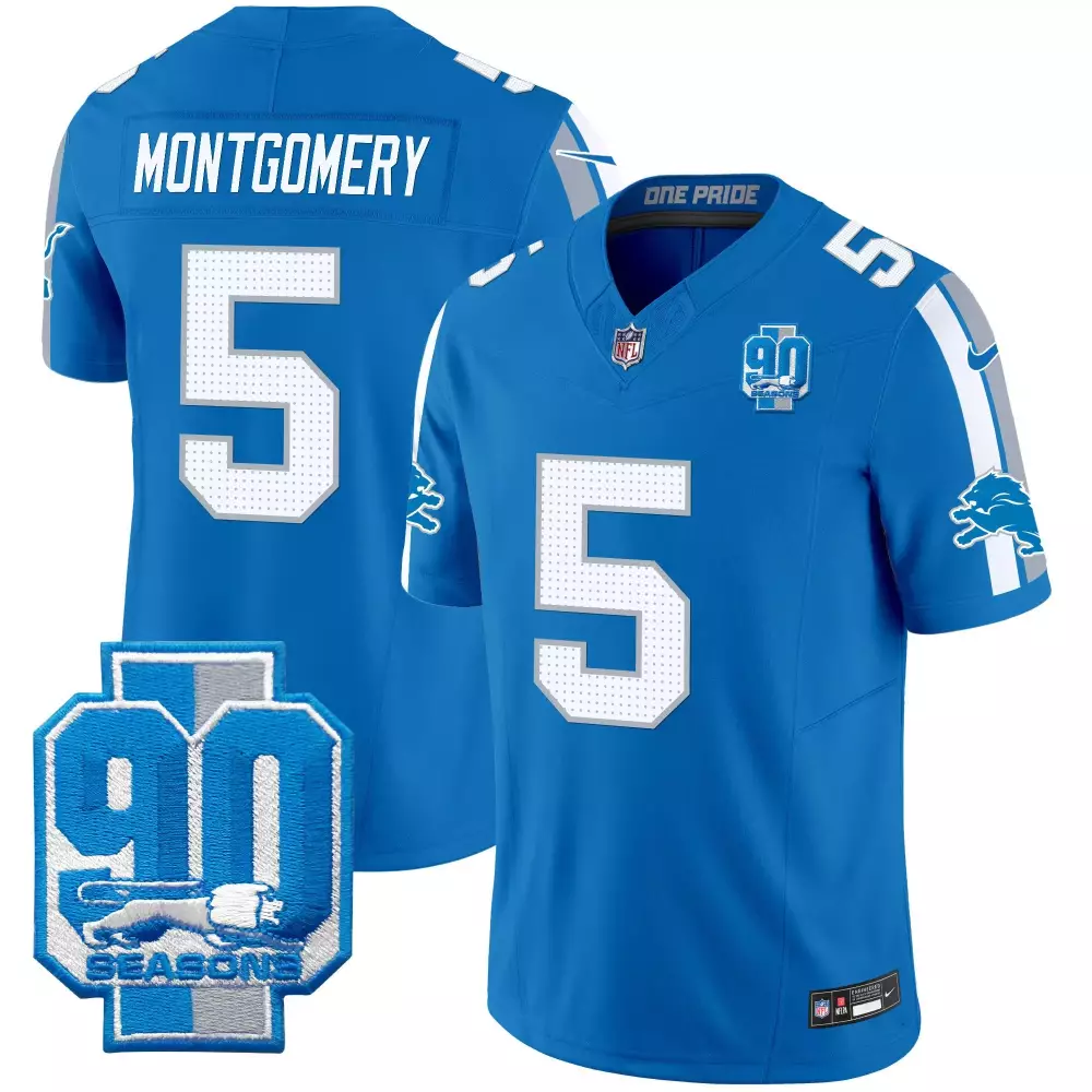 David Montgomery Lions 90th Year Patch Vapor Limited Jersey | Blue Stitched Game Day Outfit | For Men, Women & Youth