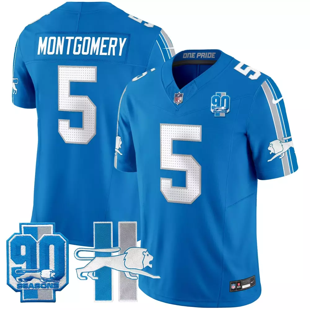 David Montgomery Lions 90th Year Patch Vapor Limited Jersey | Blue Stitched Game Day Outfit | For Men, Women & Youth